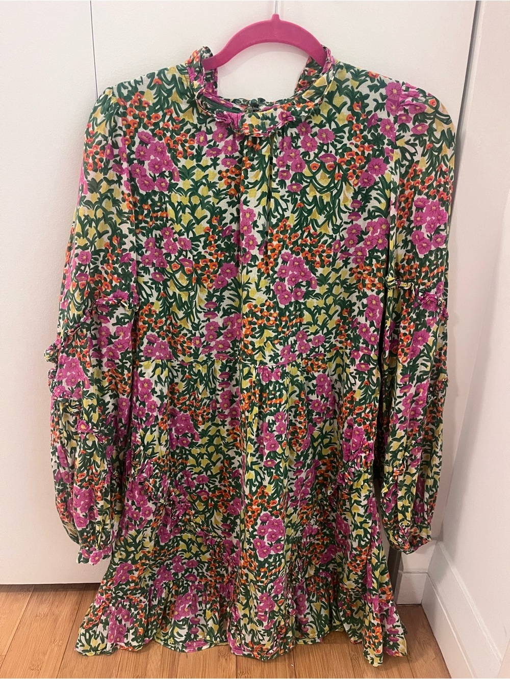 Banjanan Pink and Green Floral Tiered Long-Sleeve Dress with Tie Neck